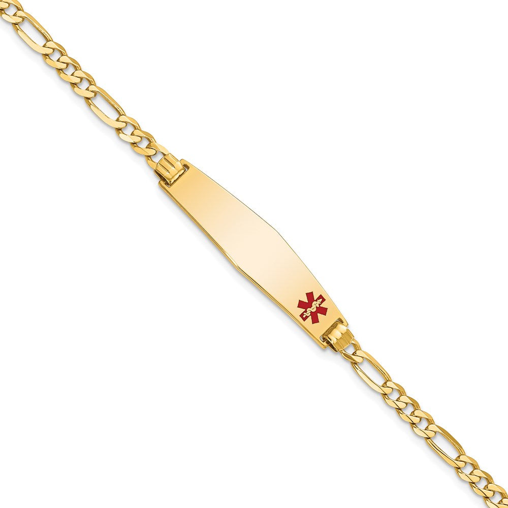 14K Medical Solid Chain/Solid Plate Soft Diamond Shape 33x Off-Center Red Enamel Flat Figaro Link ID Bracelet