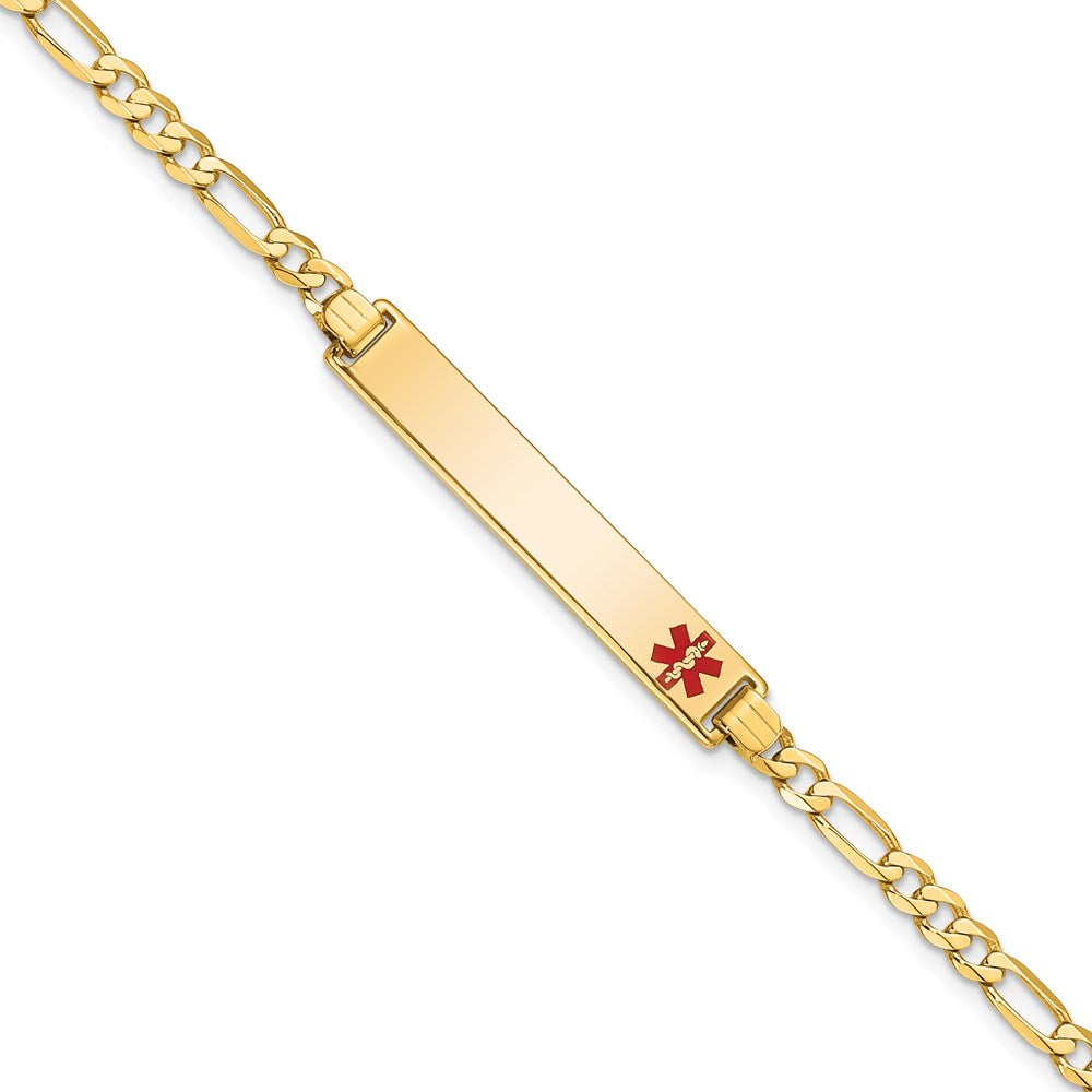 14K Medical Solid Chain/Solid Plate 33x Off-Center Red Enamel Flat Figaro Link ID Bracelet