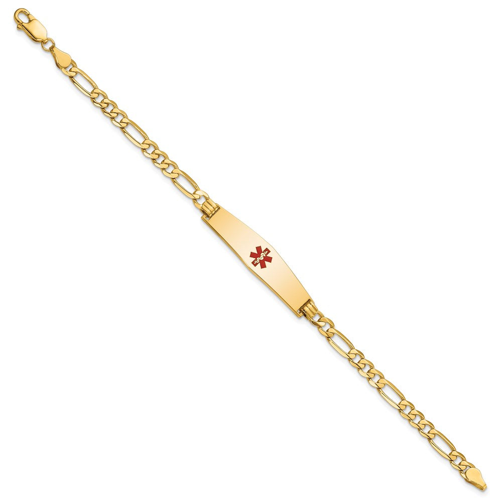 14K Medical Solid Chain/Solid Plate Soft Diamond Shape 33x Centered Red Enamel Flat Figaro Link ID Bracelet