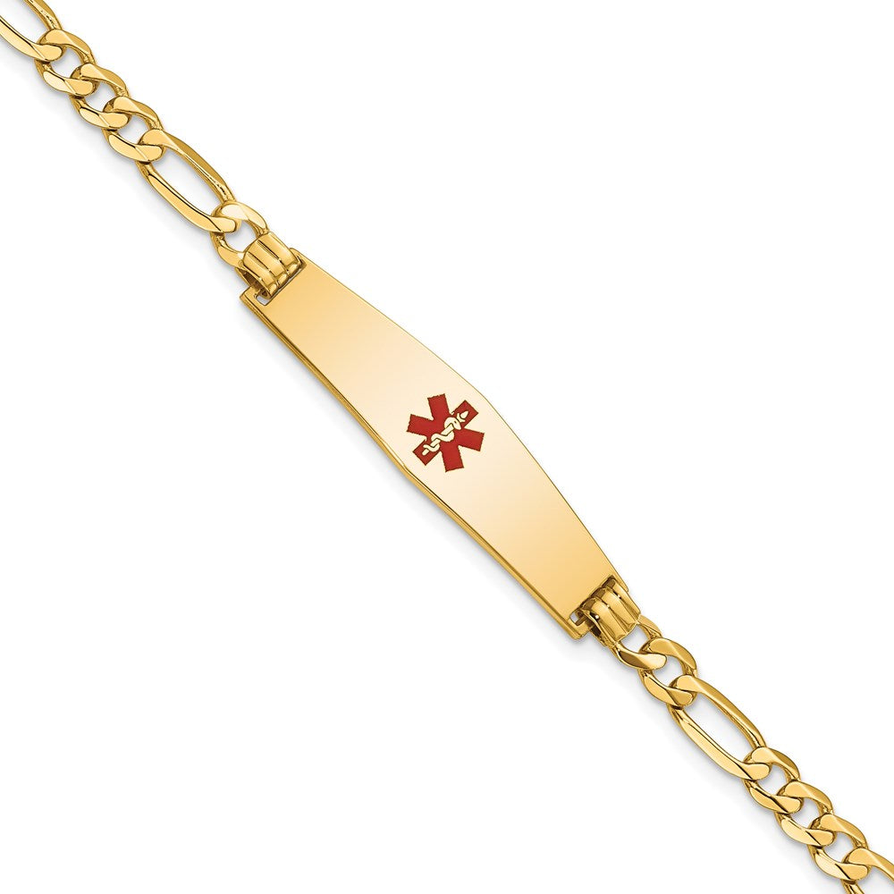 14K Medical Solid Chain/Solid Plate Soft Diamond Shape 33x Centered Red Enamel Flat Figaro Link ID Bracelet