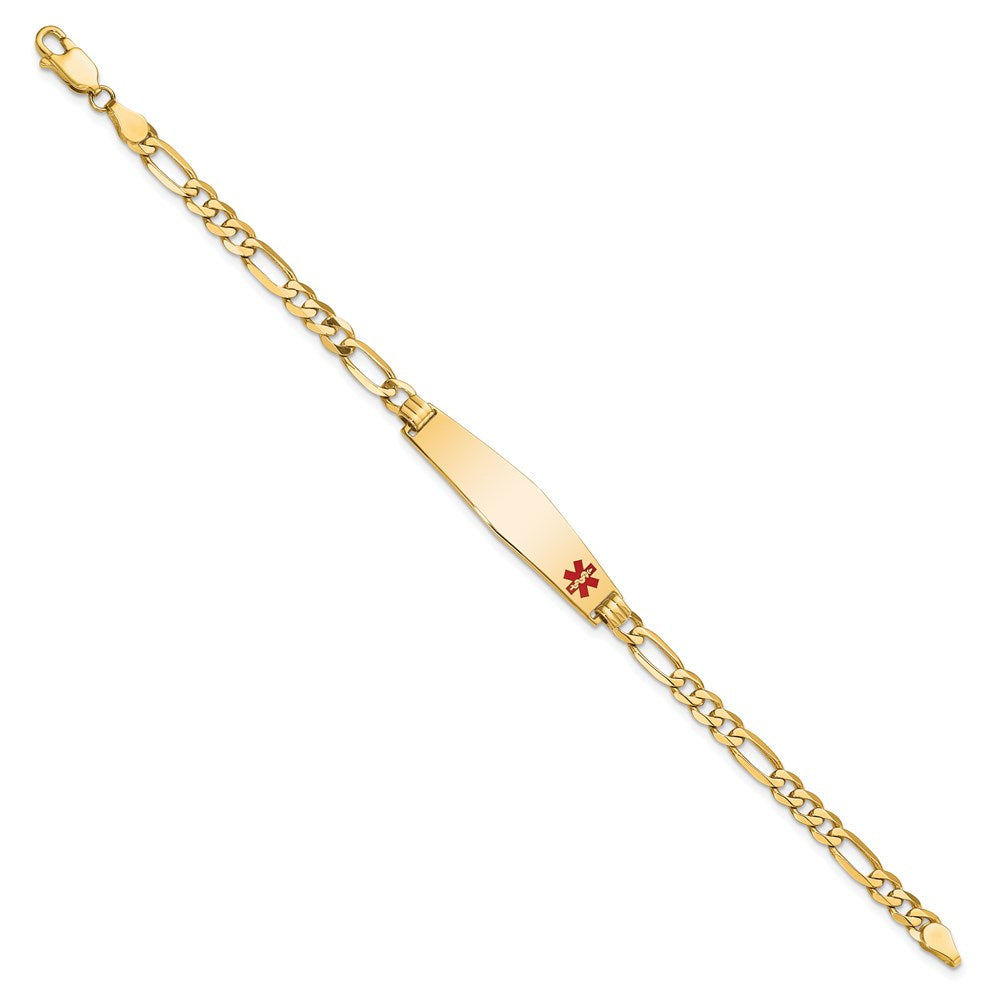 14K Medical Solid Chain/Solid Plate Soft Diamond Shape 33x Off-Center Red Enamel Flat Figaro Link ID Bracelet