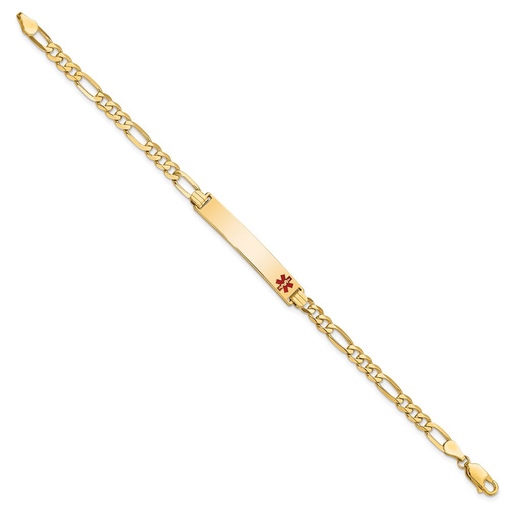 14K Medical Solid Chain/Solid Plate 33x Off-Center Red Enamel Flat Figaro Link ID Bracelet