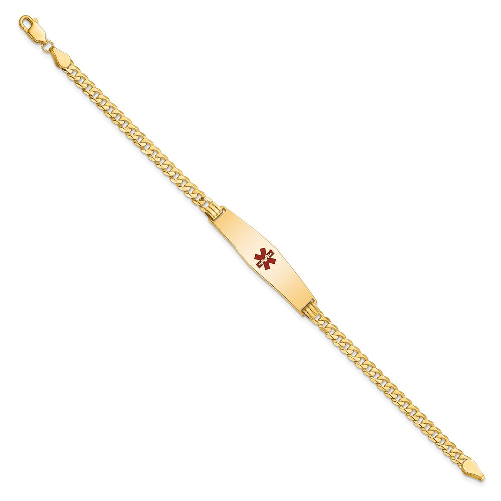 14K Medical Solid Chain/Solid Plate Soft Diamond Shape 33x Centered Red Enamel Flat Curb Link ID Bracelet