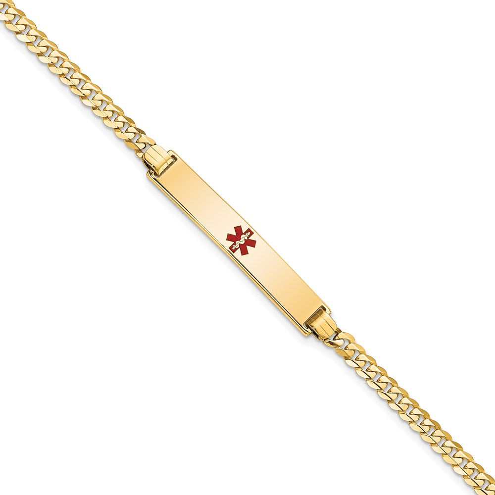 14K Medical Solid Chain/Solid Plate 34x Centered Red Enamel Flat Curb Link ID Bracelet