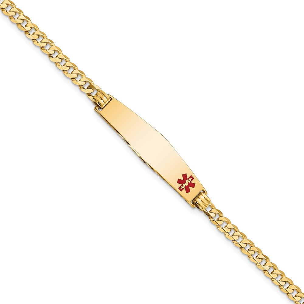 14K Medical Solid Chain/Solid Plate Soft Diamond Shape 33x Off-Center Red Enamel Flat Curb Link ID Bracelet