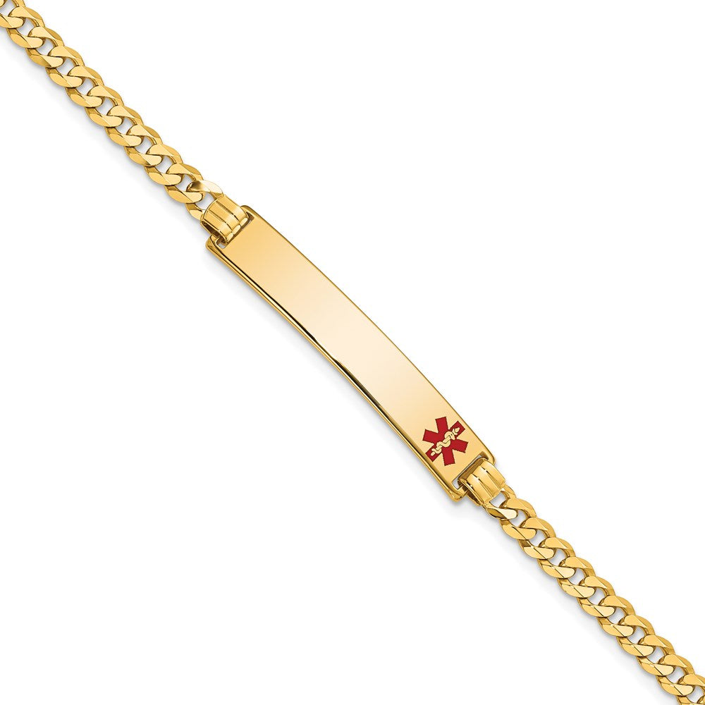 14K Medical Solid Chain/Solid Plate 33x Off-Center Red Enamel Flat Curb Link ID Bracelet
