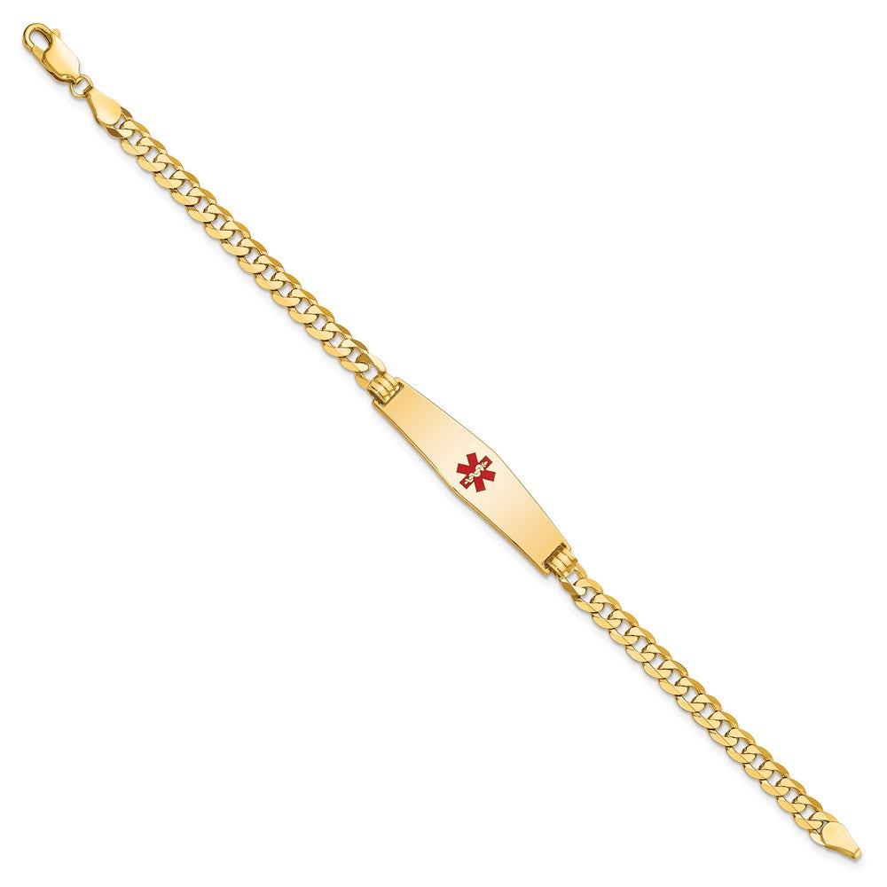 14K Medical Solid Chain/Solid Plate Soft Diamond Shape 33x Centered Red Enamel Flat Curb Link ID Bracelet
