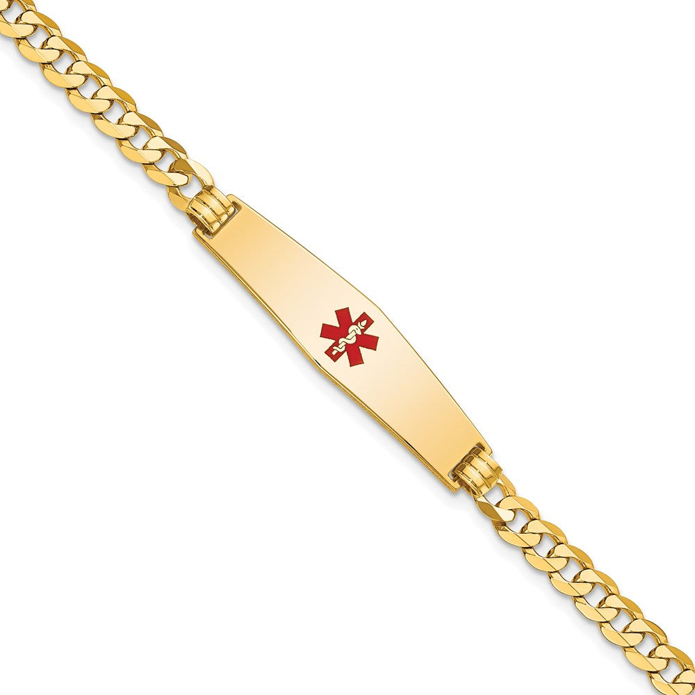 14K Medical Solid Chain/Solid Plate Soft Diamond Shape 33x Centered Red Enamel Flat Curb Link ID Bracelet