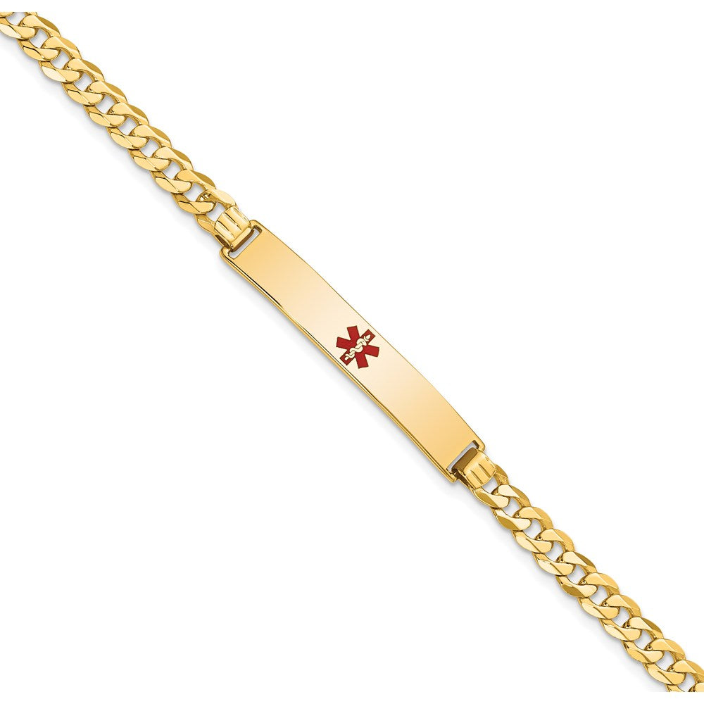 14K Medical Solid Chain/Solid Plate 34x Centered Red Enamel Flat Curb Link ID Bracelet