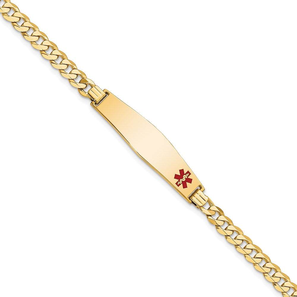 14K Medical Solid Chain/Solid Plate Soft Diamond Shape 33x Off-Center Red Enamel Flat Curb Link ID Bracelet