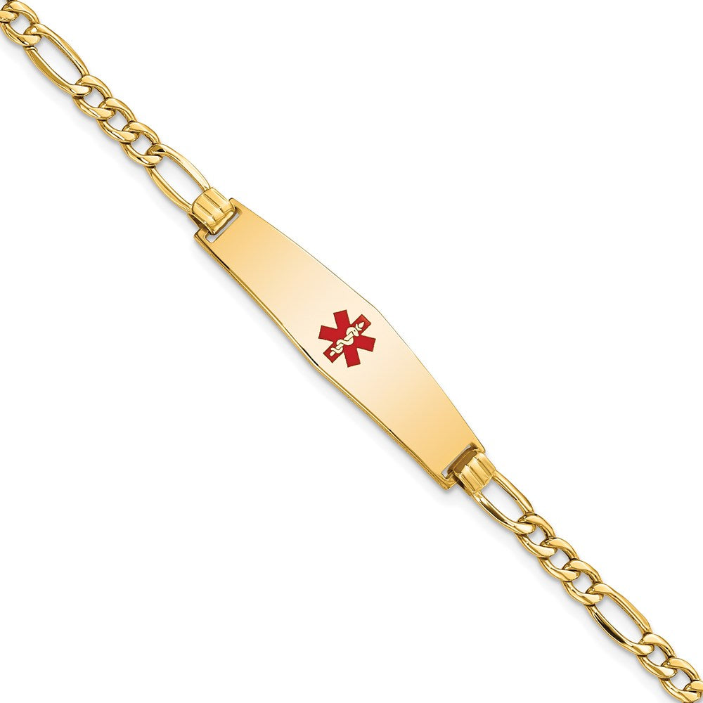 14K Medical Semi-Solid Chain/Solid Plate Soft Diamond Shape 33x Centered Red Enamel Figaro Link ID Bracelet