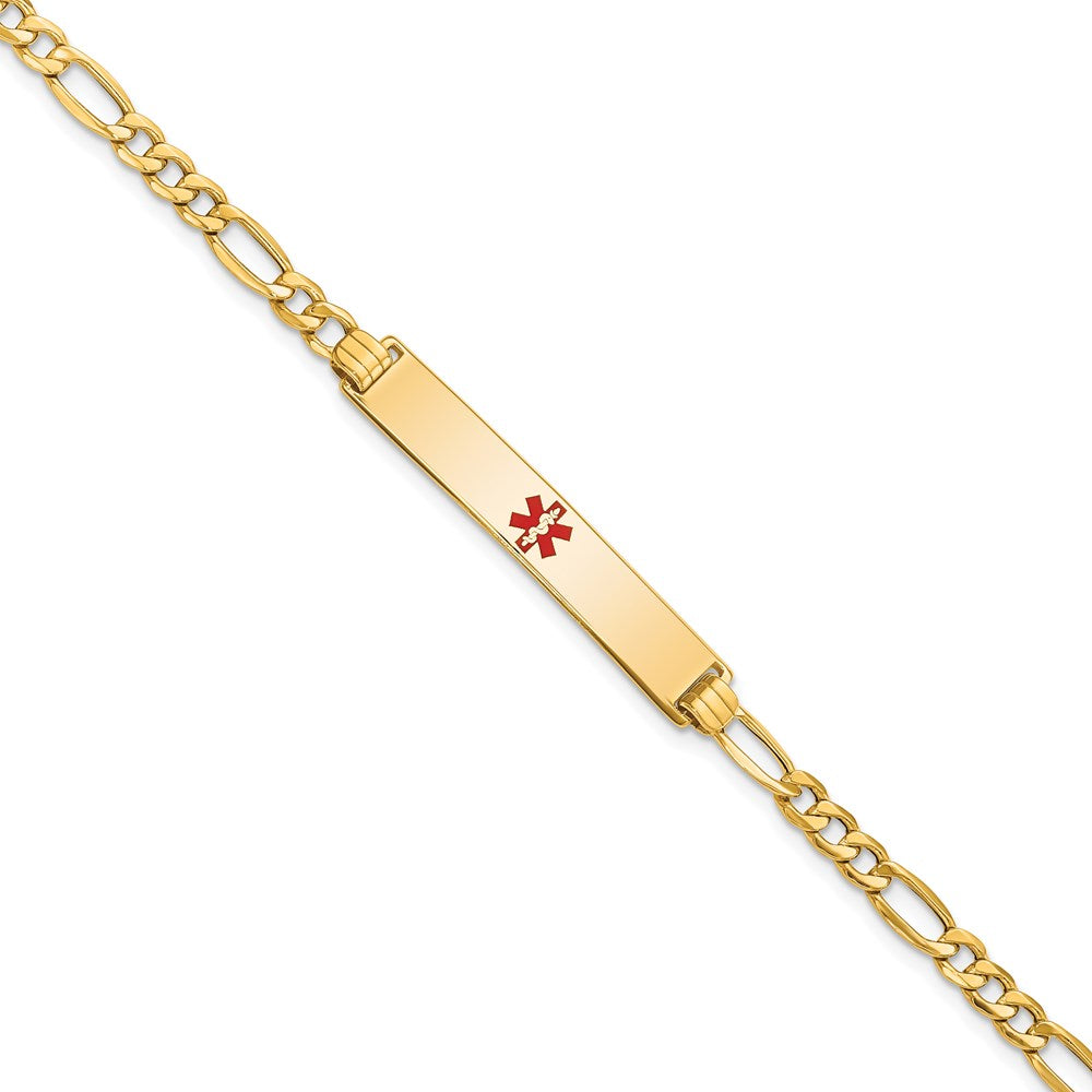 14K Medical Semi-Solid Chain/Solid Plate 34x Centered Red Enamel Figaro Link ID Bracelet