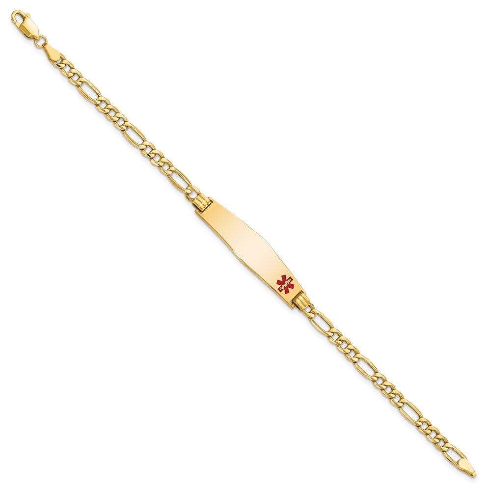 14K Medical Semi-Solid Chain/Solid Plate Soft Diamond Shape 34x Off-Center Red Enamel Figaro Link ID Bracelet