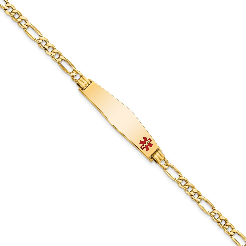 14K Medical Semi-Solid Chain/Solid Plate Soft Diamond Shape 34x Off-Center Red Enamel Figaro Link ID Bracelet