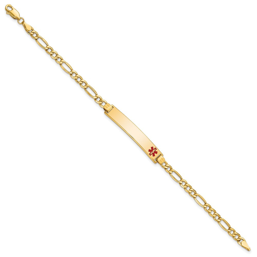 14K Medical Semi-Solid Chain/Solid Plate 35x Off-Center Red Enamel Figaro Link ID Bracelet