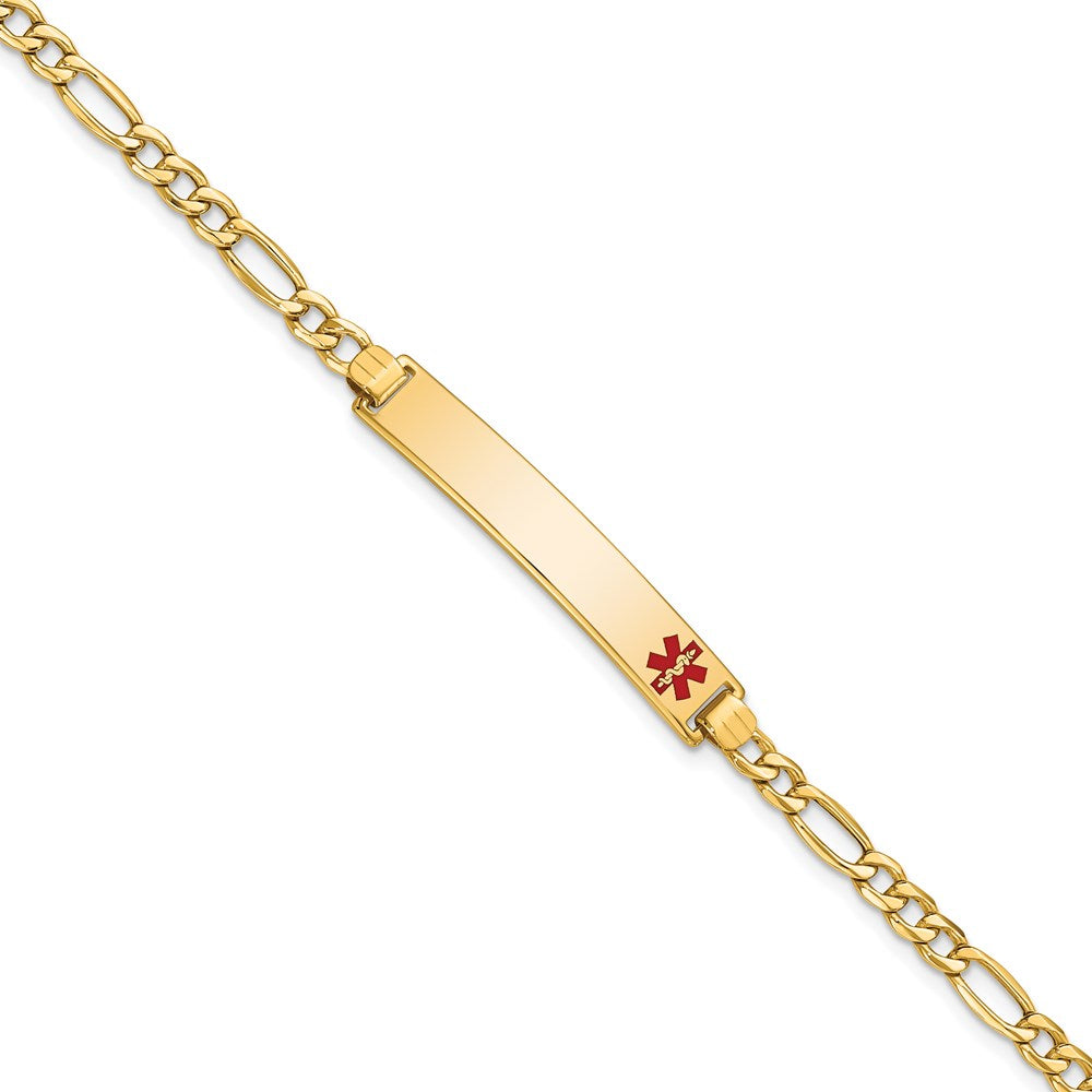 14K Medical Semi-Solid Chain/Solid Plate 35x Off-Center Red Enamel Figaro Link ID Bracelet