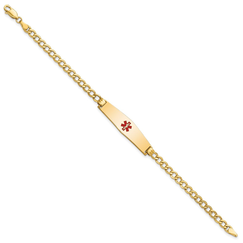 14K Medical Semi-Solid Chain/Solid Plate Soft Diamond Shape 33x Centered Red Enamel Curb Link ID Bracelet