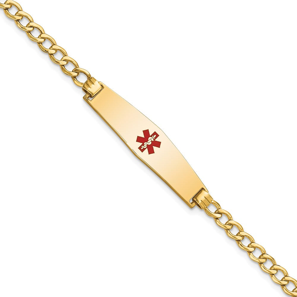 14K Medical Semi-Solid Chain/Solid Plate Soft Diamond Shape 33x Centered Red Enamel Curb Link ID Bracelet