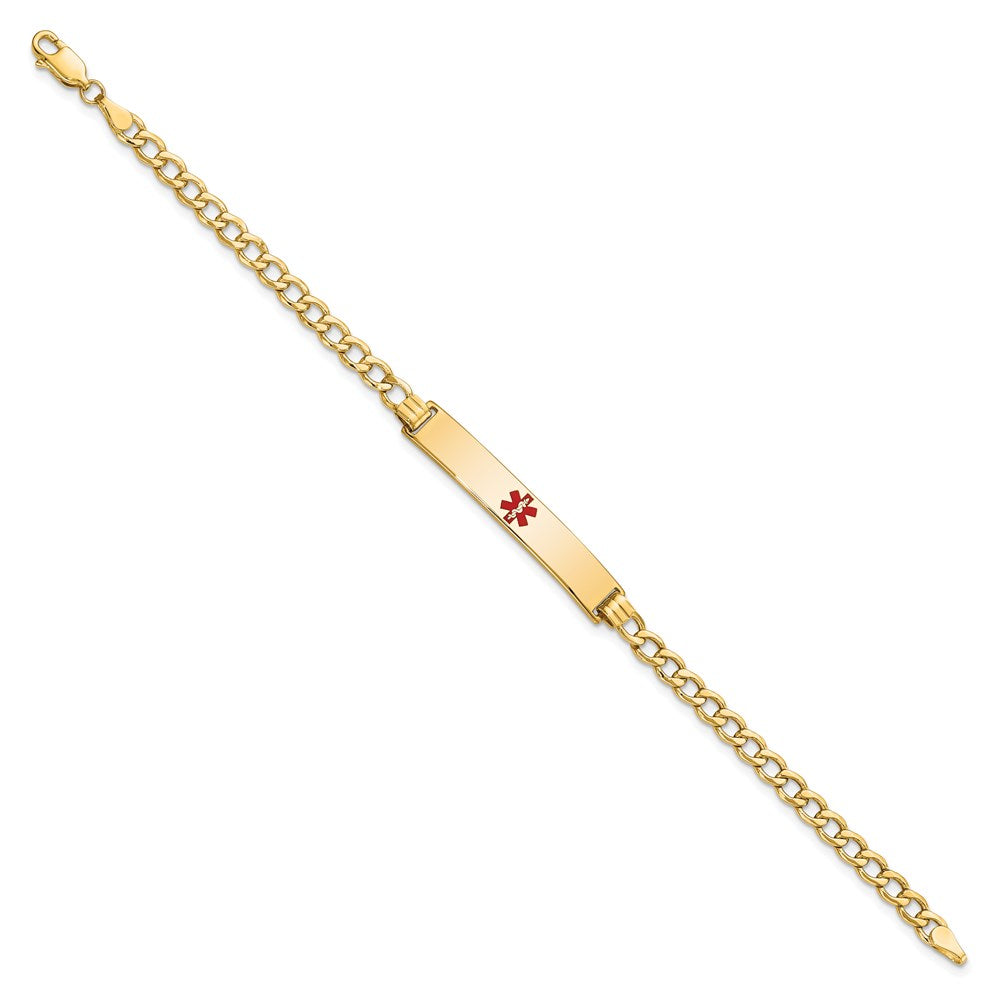 14K Medical Semi-Solid Chain/Solid Plate 34x Centered Red Enamel Curb Link ID Bracelet