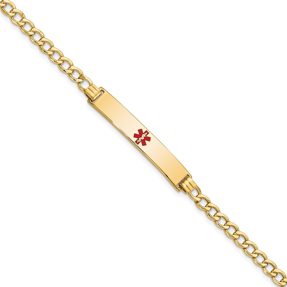 14K Medical Semi-Solid Chain/Solid Plate 34x Centered Red Enamel Curb Link ID Bracelet