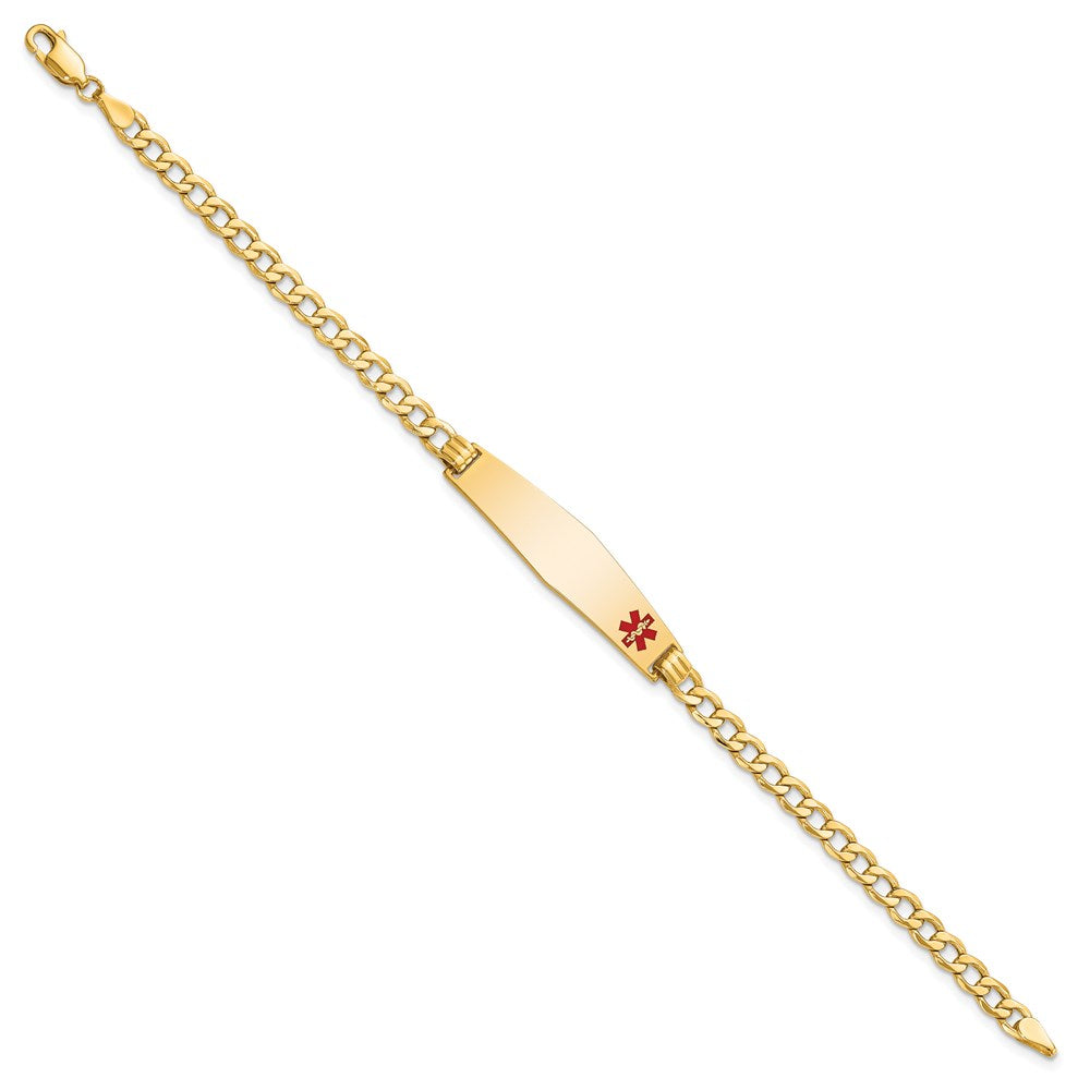 14K Medical Semi-Solid Chain/Solid Plate Soft Diamond Shape 34x Off-Center Red Enamel Curb Link ID Bracelet