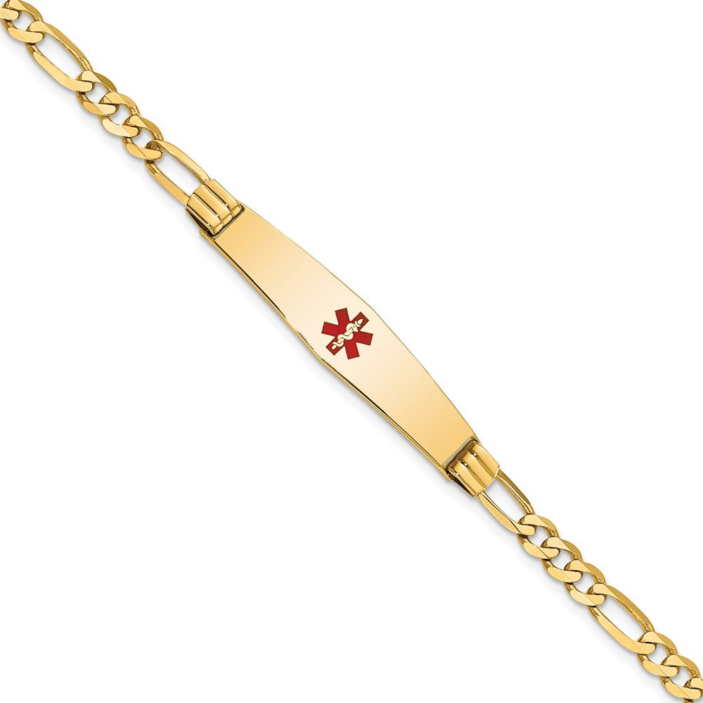 14K Medical Solid Chain/Solid Plate Soft Diamond Shape 36x Centered Red Enamel Figaro Link ID Bracelet