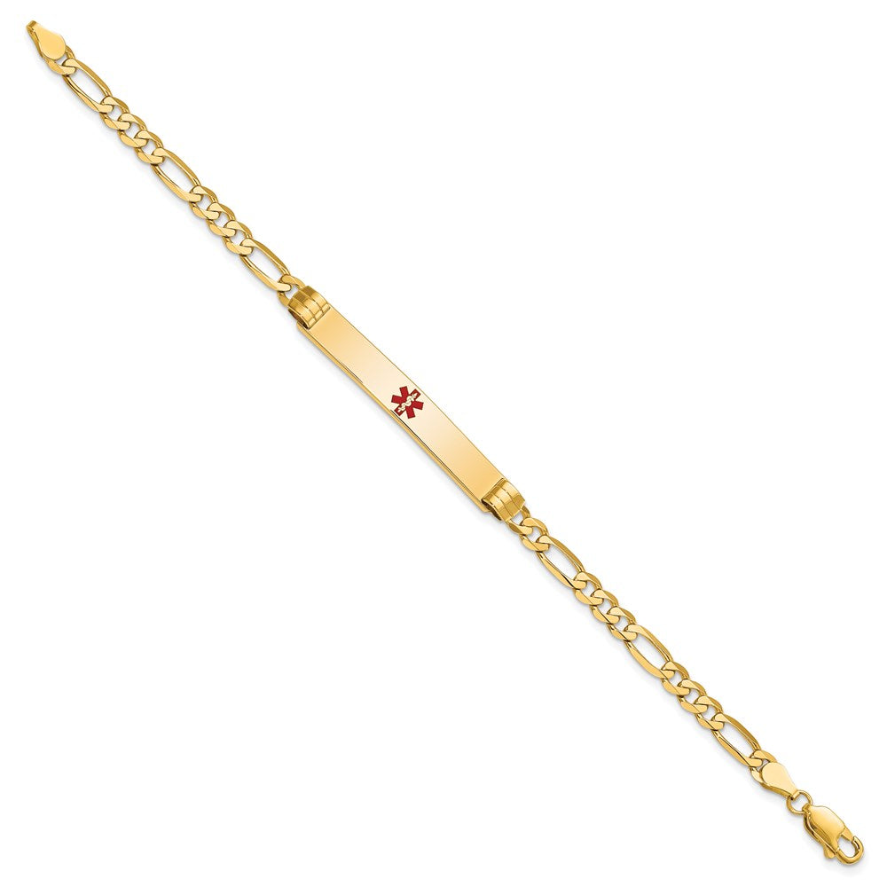 14K Medical Solid Chain/Solid Plate 37x Centered Red Enamel Figaro Link ID Bracelet