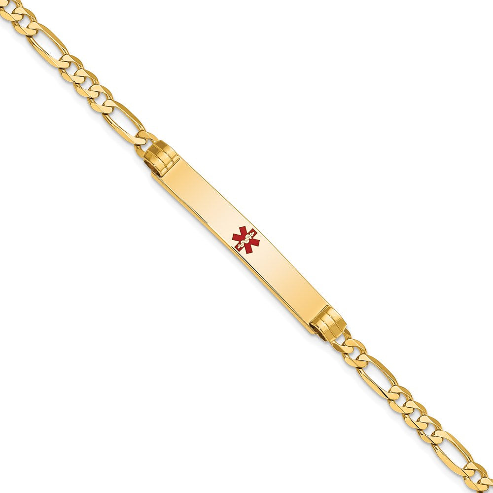 14K Medical Solid Chain/Solid Plate 37x Centered Red Enamel Figaro Link ID Bracelet