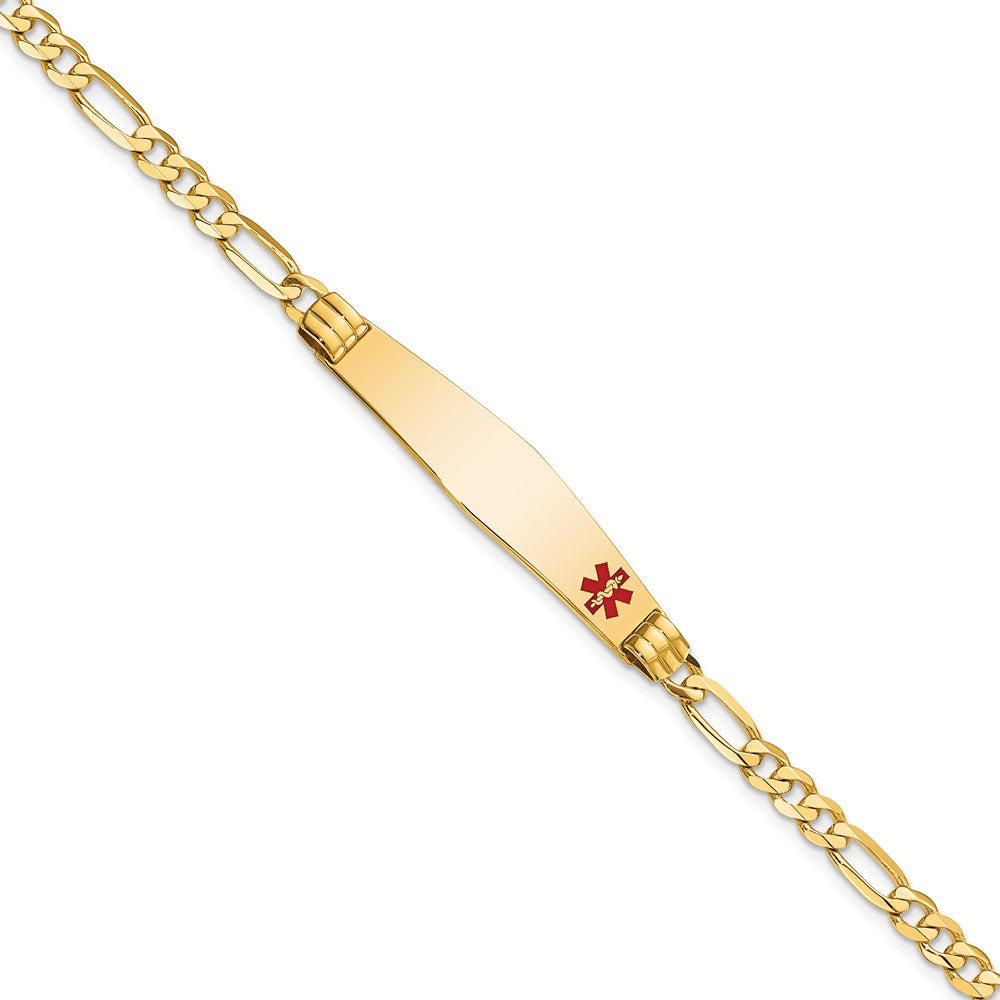 14K Medical Solid Chain/Solid Plate Soft Diamond Shape 36x Off-Center Red Enamel Figaro Link ID Bracelet