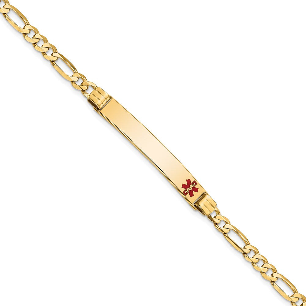 14K Medical Solid Chain/Solid Plate 37x Off-Center Red Enamel Figaro Link ID Bracelet