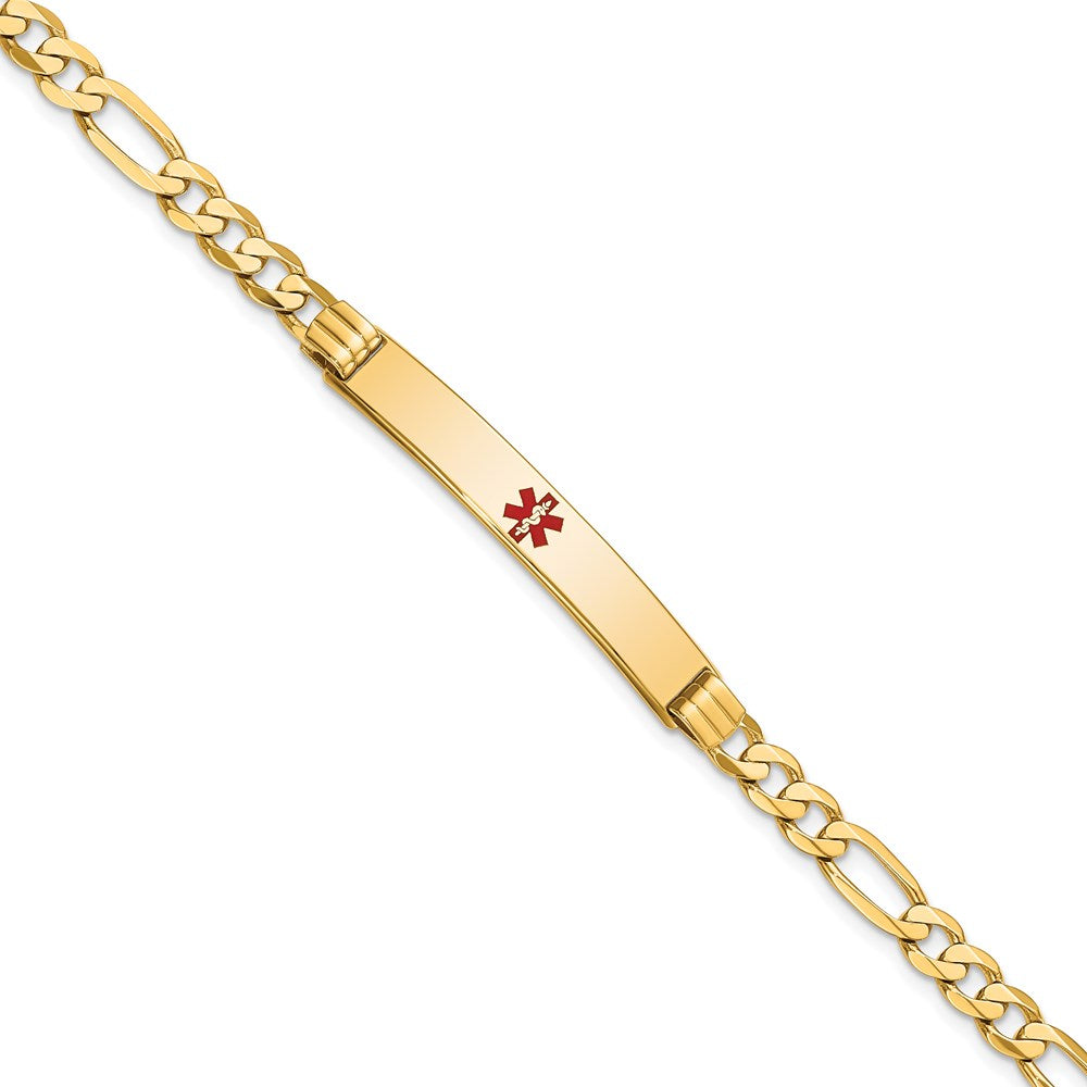 14K Medical Solid Chain/Solid Plate 37x Centered Red Enamel Flat Figaro Link ID Bracelet