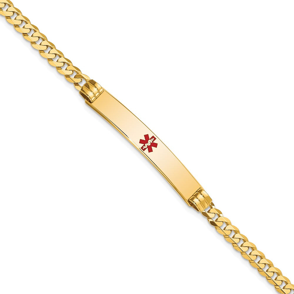 14K Medical Solid Chain/Solid Plate 37x Centered Red Enamel Curb Link ID Bracelet