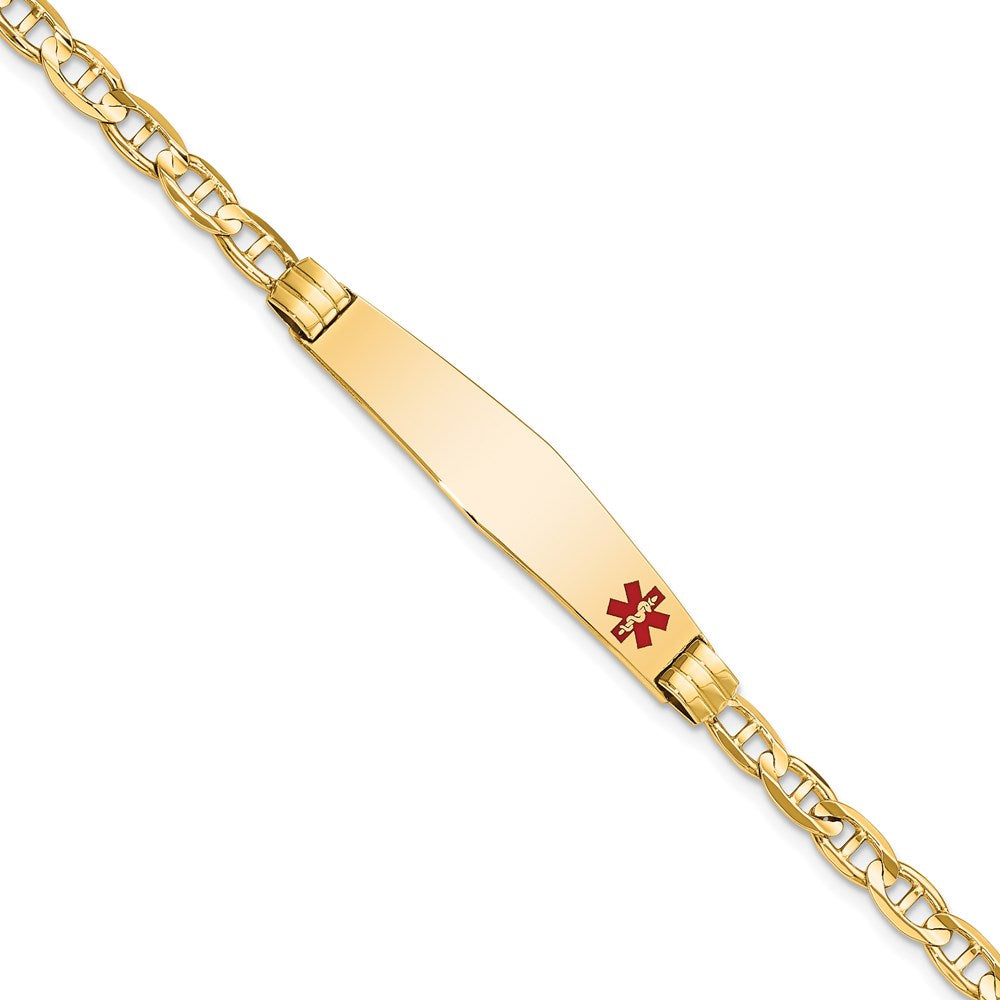 14K Medical Solid Chain/Solid Plate Soft Diamond Shape 36x Off-Center Red Enamel Anchor Link ID Bracelet