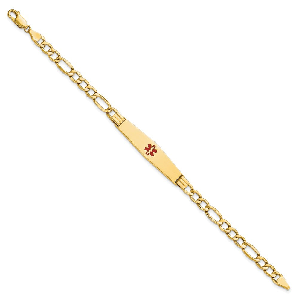 14K Medical Semi-Solid Chain/Solid Plate Soft Diamond Shape 37x Centered Red Enamel Figaro Link ID Bracelet