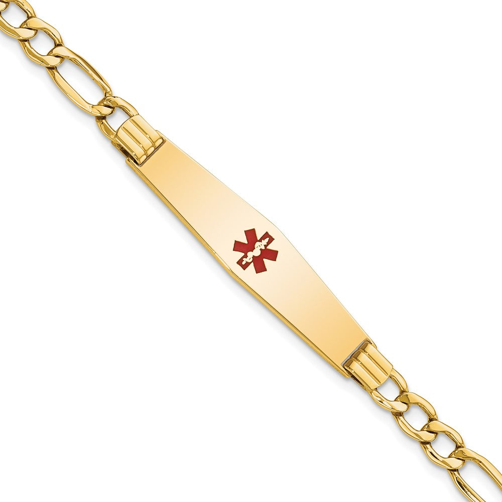 14K Medical Semi-Solid Chain/Solid Plate Soft Diamond Shape 37x Centered Red Enamel Figaro Link ID Bracelet
