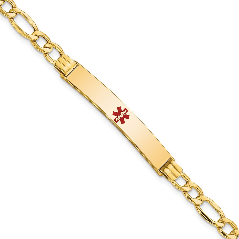 14K Medical Semi-Solid Chain/Solid Plate 37x Centered Red Enamel Figaro Link ID Bracelet