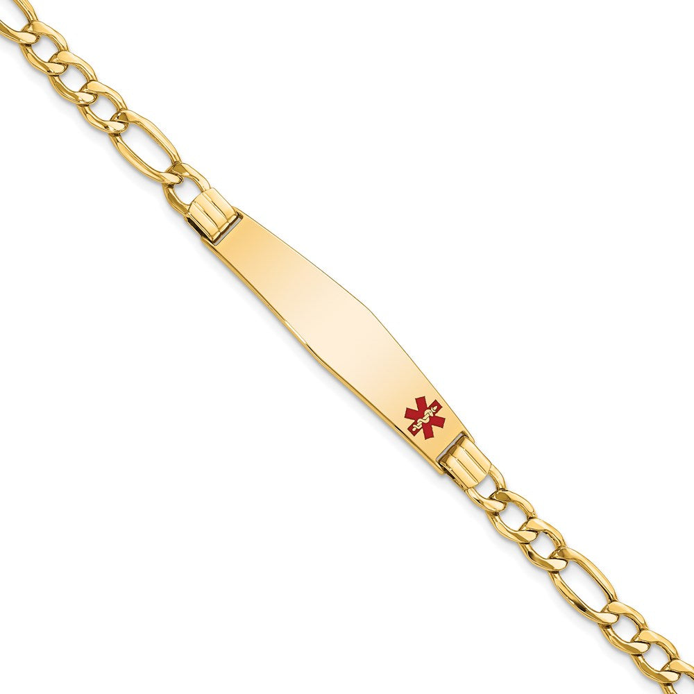 14K Medical Semi-Solid Chain/Solid Plate Soft Diamond Shape 37x Off-Center Red Enamel Figaro Link ID Bracelet