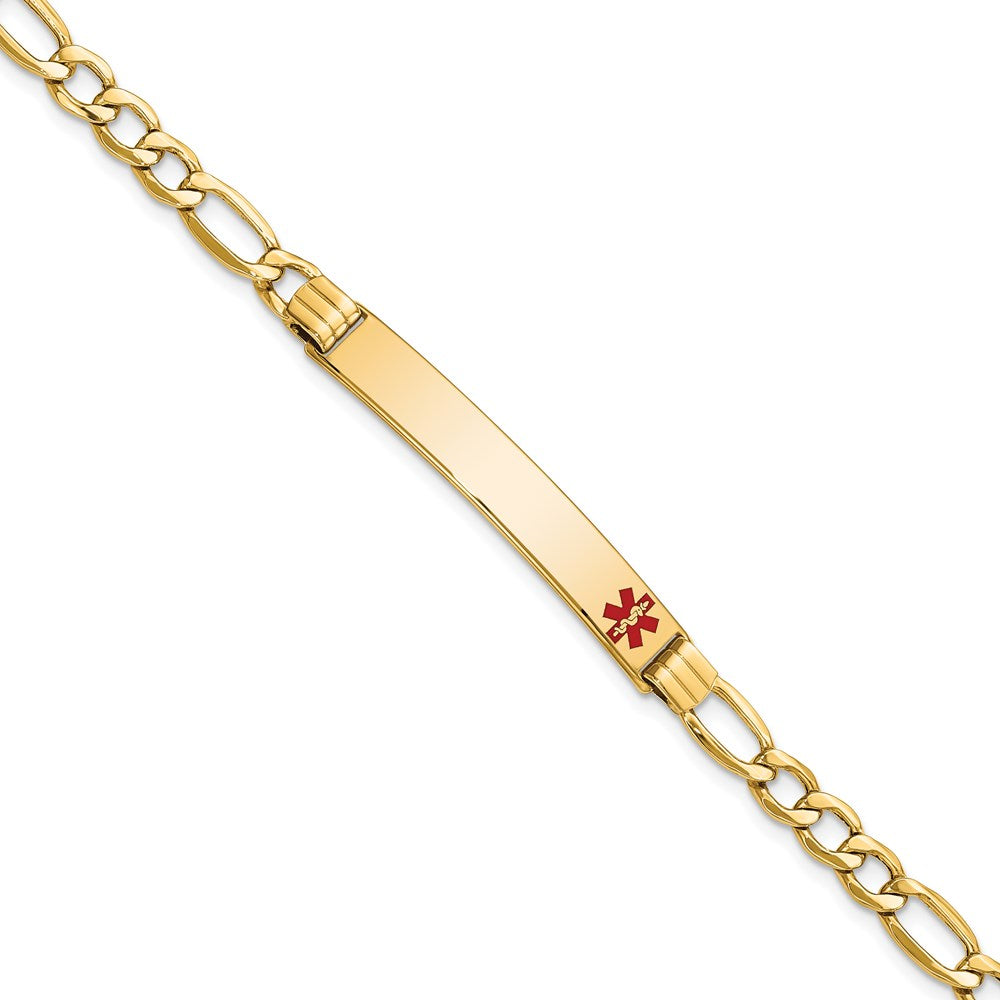 14K Medical Semi-Solid Chain/Solid Plate 37x Off-Center Red Enamel Figaro Link ID Bracelet