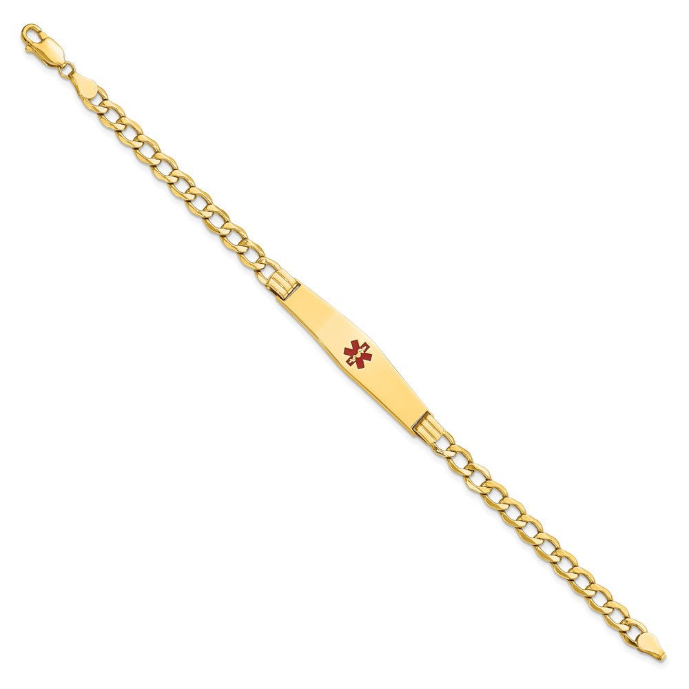 14K Medical Semi-Solid Chain/Solid Plate Soft Diamond Shape 37x Centered Red Enamel Curb Link ID Bracelet