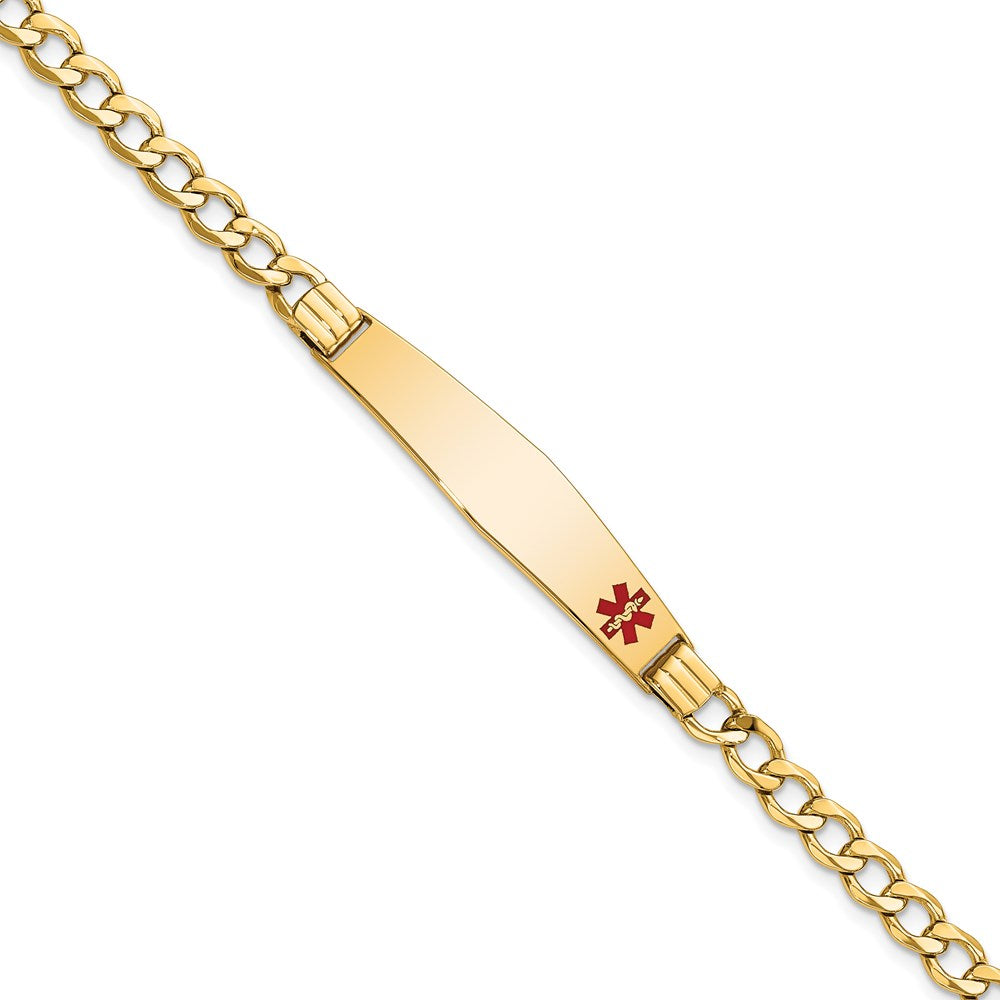 14K Medical Semi-Solid Chain/Solid Plate Soft Diamond Shape 37x Off-Center Red Enamel Cuban Link ID Bracelet
