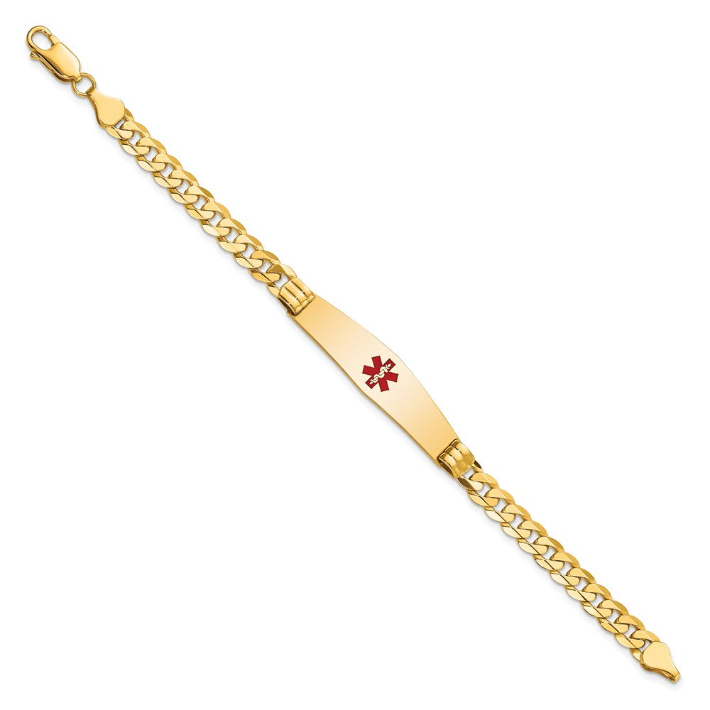 14K Medical Solid Chain/Solid Plate Soft Diamond Shape 37x Centered Red Enamel Curb Link ID Bracelet