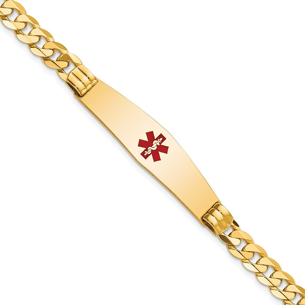 14K Medical Solid Chain/Solid Plate Soft Diamond Shape 37x Centered Red Enamel Curb Link ID Bracelet