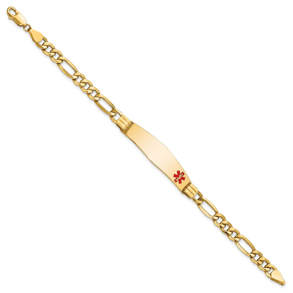 14K Medical Semi-Solid Chain/Solid Plate Soft Diamond Shape 38x Off-Center Red Enamel Figaro Link ID Bracelet