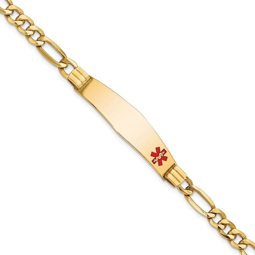 14K Medical Semi-Solid Chain/Solid Plate Soft Diamond Shape 38x Off-Center Red Enamel Figaro Link ID Bracelet