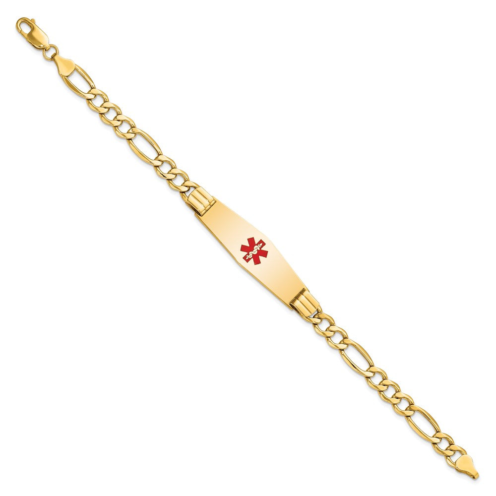 14K Medical Semi-Solid Chain/Solid Plate Soft Diamond Shape 40x Centered Red Enamel Figaro Link ID Bracelet