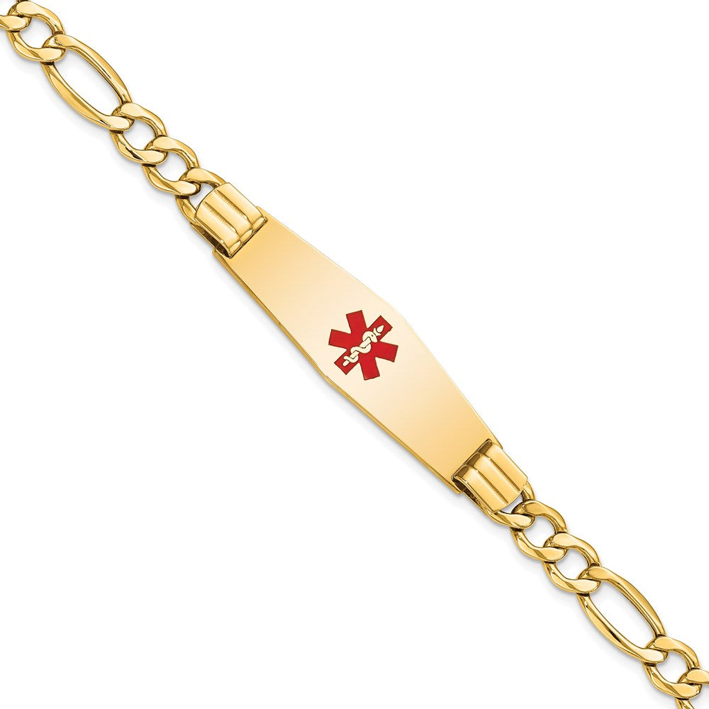 14K Medical Semi-Solid Chain/Solid Plate Soft Diamond Shape 40x Centered Red Enamel Figaro Link ID Bracelet