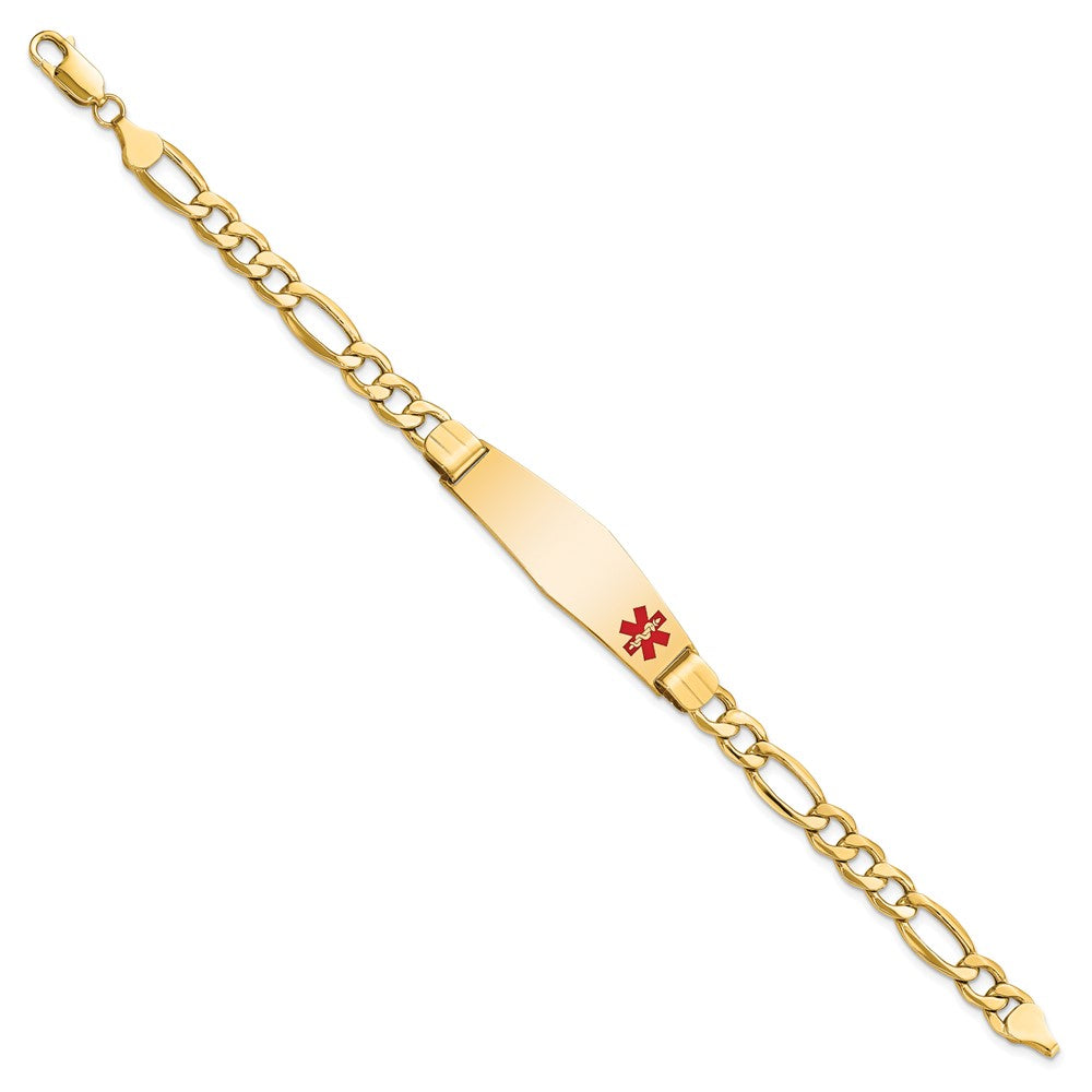 14K Medical Semi-Solid Chain/Solid Plate Soft Diamond Shape 40x Off-Center Red Enamel Figaro Link ID Bracelet