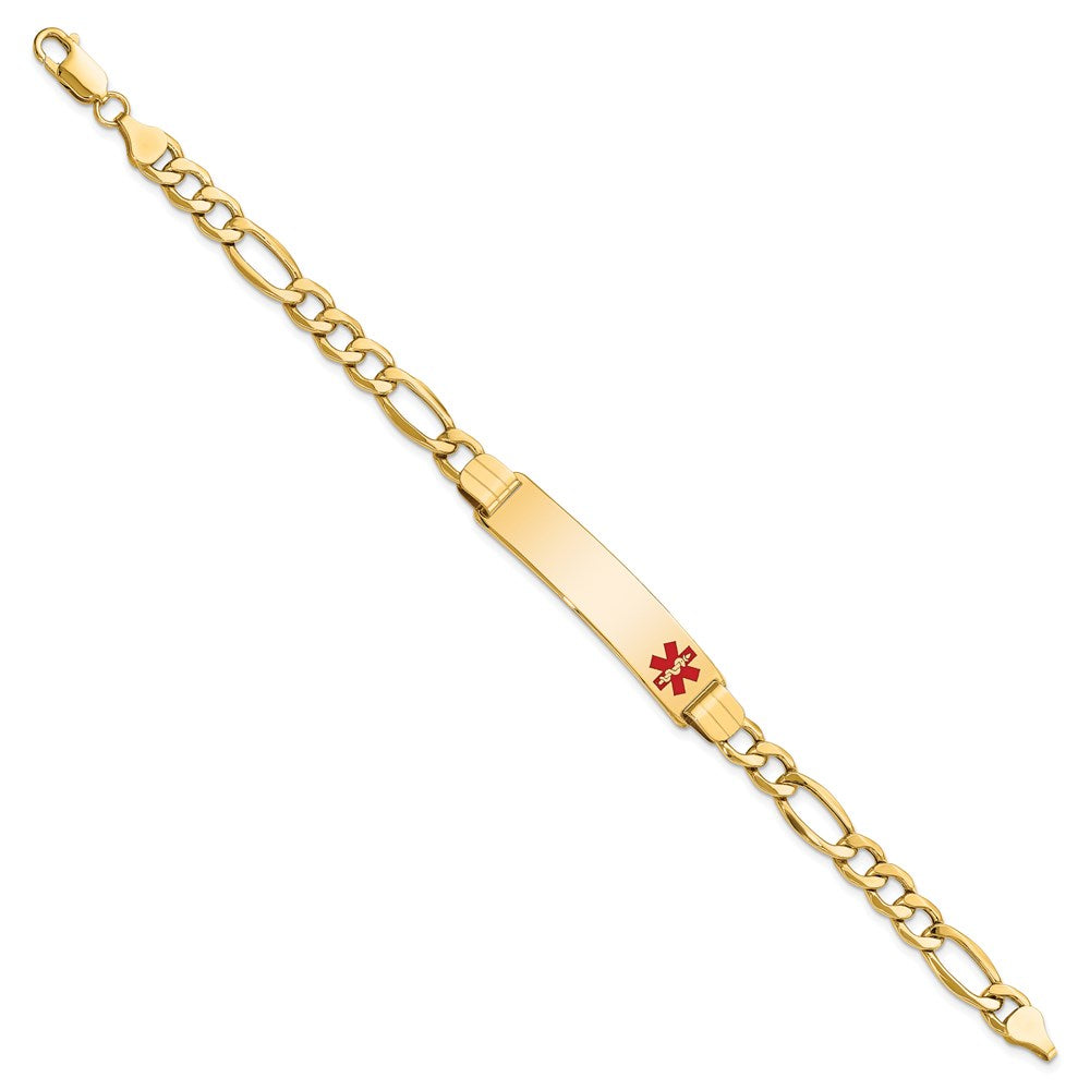 14K Medical Semi-solid Chain/Solid Plate 40x Off-Center Red Enamel Figaro Link ID Bracelet