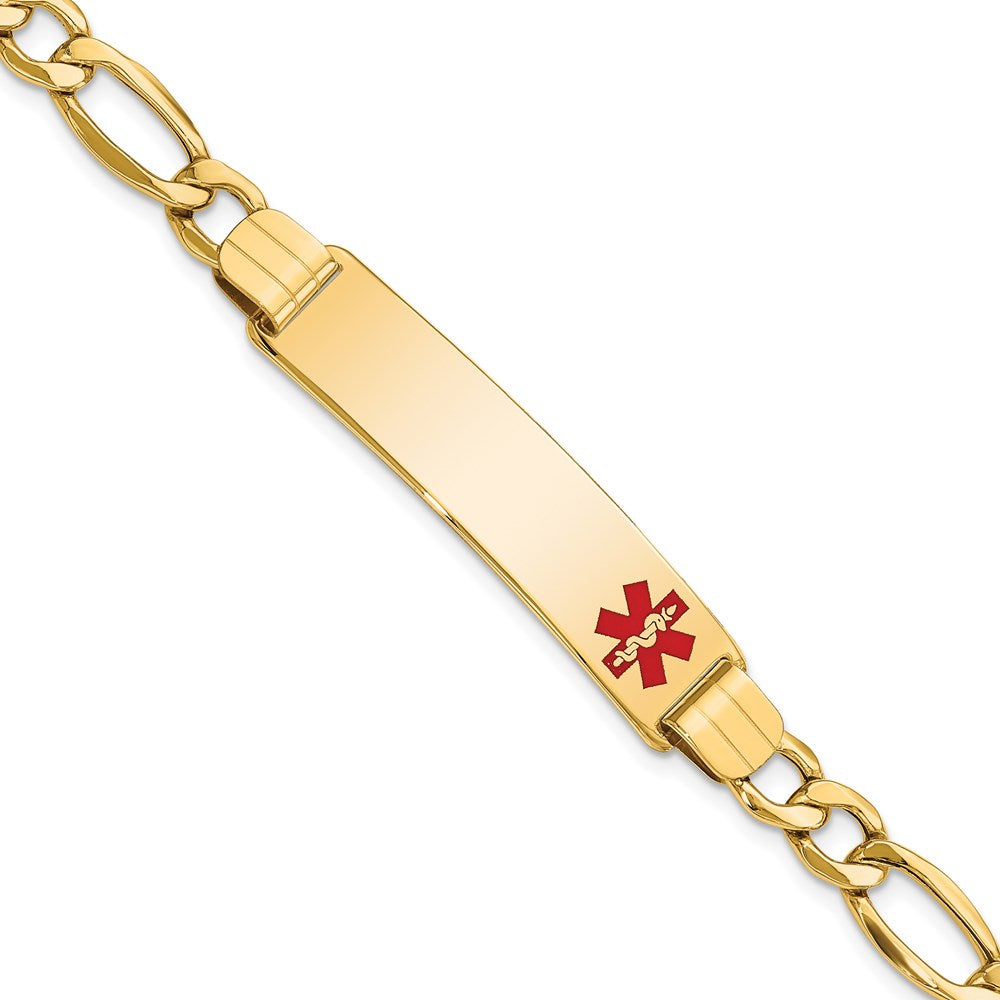 14K Medical Semi-solid Chain/Solid Plate 40x Off-Center Red Enamel Figaro Link ID Bracelet