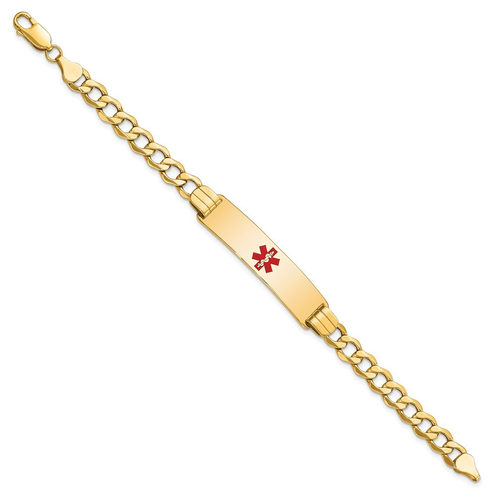 14K Medical Semi-Solid Chain/Solid Plate 40x Centered Red Enamel Curb Link ID Bracelet